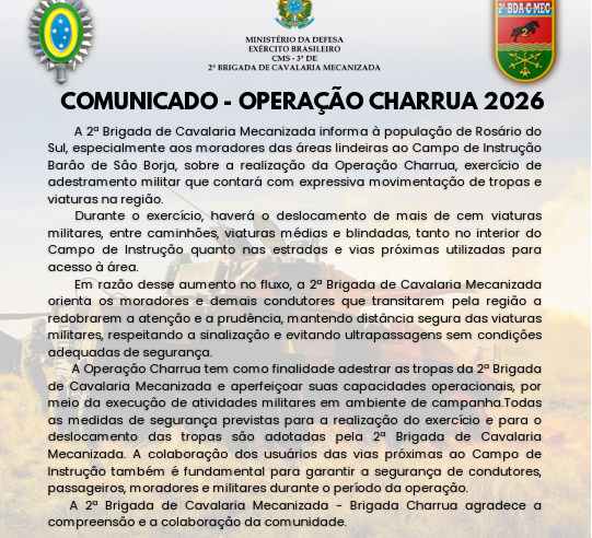 2ª  Brigada de Cavalaria Mecanizada divulga nota sobre a Operação Charrua em Rosário do Sul