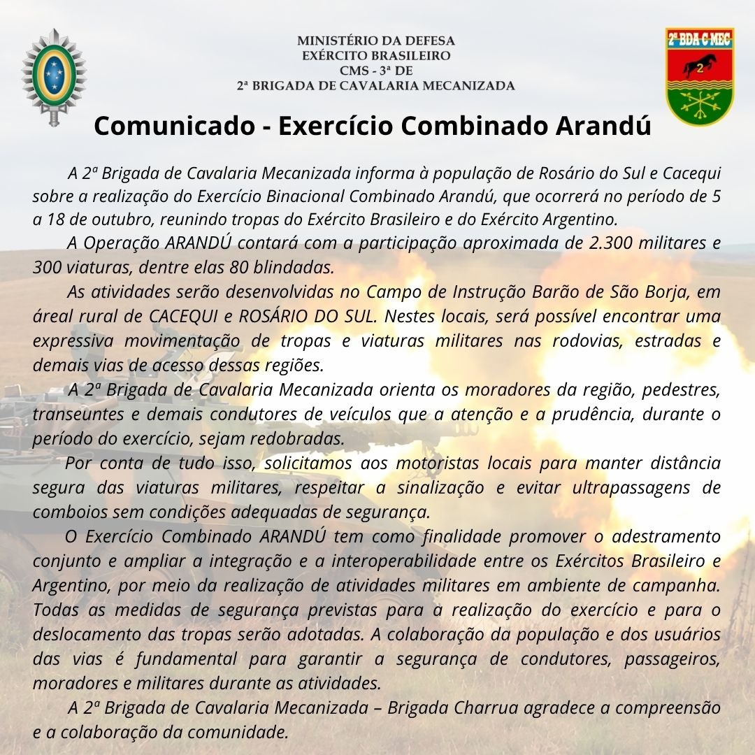 Exercício militar entre Brasil e Argentina reunirá cerca de 2,3 mil militares em Rosário do Sul e Cacequi